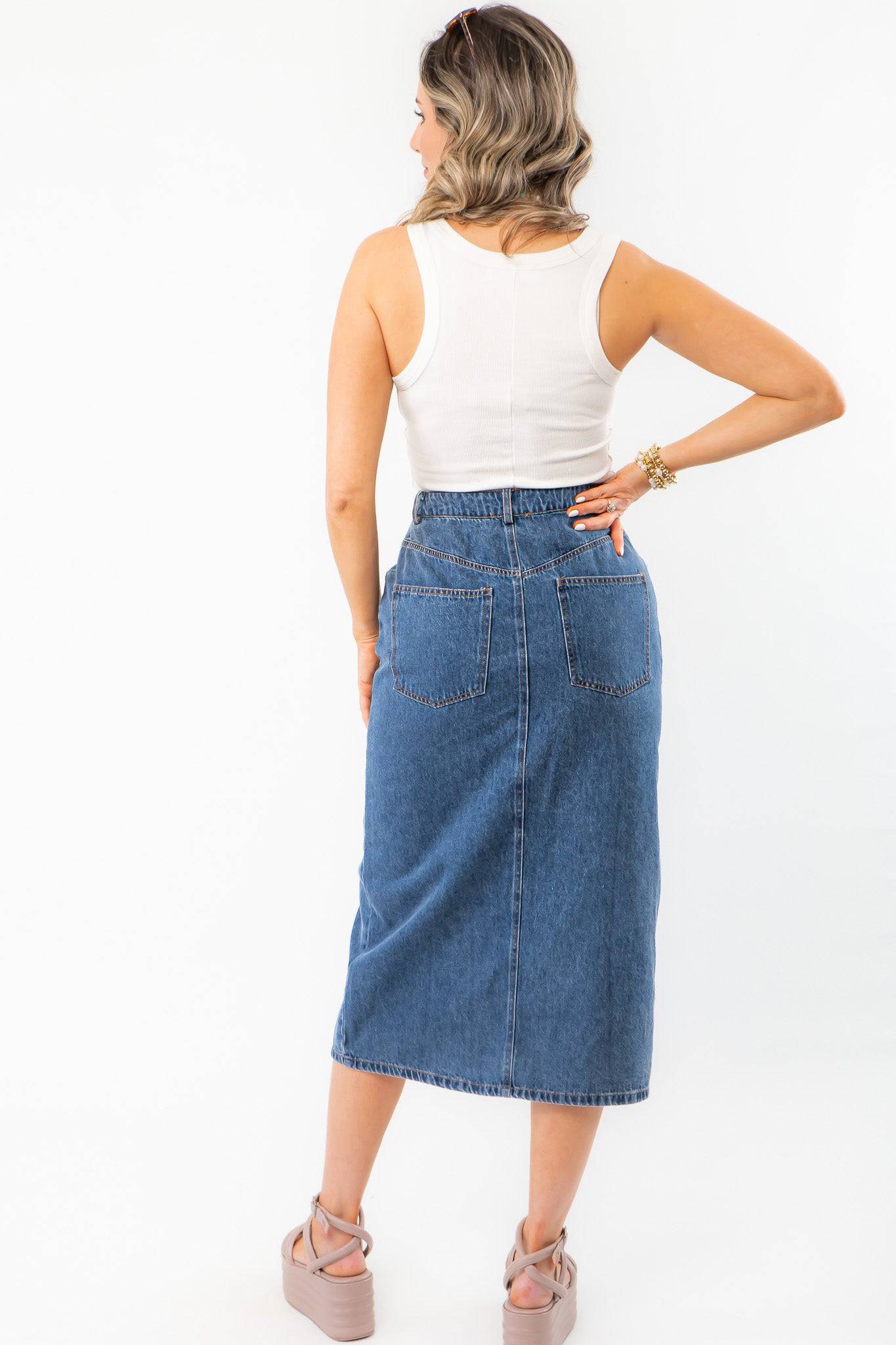 Back view of Thick Strap Ribbed Off White Basic Tank paired with a denim midi skirt, showing full tank coverage and casual chic appeal.