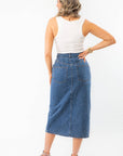 Back view of Thick Strap Ribbed Off White Basic Tank paired with a denim midi skirt, showing full tank coverage and casual chic appeal.