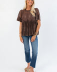 Front view of Lacy Brown Velvet Babydoll Top featuring sheer lace detail and velvet texture. Ideal fall fashion top for casual or work wear.