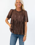 Lacy Brown Velvet Babydoll Top with lace yoke and short sleeves, styled with jeans for a chic fall look. Elegant mixed media blouse for layering.