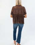 Back view of Lacy Brown Velvet Babydoll Top with intricate lace panel and pleated velvet design. Stylish fall blouse for denim or skirts.