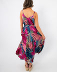 Back view of Tropical Jewel Satin Palm Print Maxi Dress with V-back detail and vibrant tropical pattern, great for warm-weather occasions.
