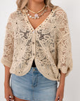 Beige crochet coverup cardigan with floral pattern, boho beach swim coverup