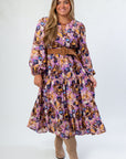 Jod Multicolor Maxi Dress - Purple Print Dress with long sleeves, tiered skirt, and braided belt, styled for fall fashion.