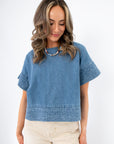 Indigo Daydream Chambray Denim Top | Lightweight short sleeve crop top featuring textured detailing, perfect for everyday wear and layering.
