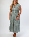 Patch Season Green Gingham Front Zip Midi Dress with v neckline, smocked waist, and cap sleeves styled for pre-fall with ankle boots.