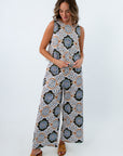 Work Of Art mosaic pattern pants set, mosaic patterned top and matching pants, colorful patterned tops, fall sleeveless tops