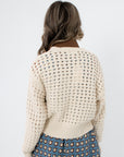 Back view of Z Supply Crystal Logan Sweater Jacket featuring open-knit pattern and relaxed fit. Lightweight outerwear for stylish spring outfits.