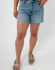 Light wash denim shorts with frayed hem, women's summer jean shorts