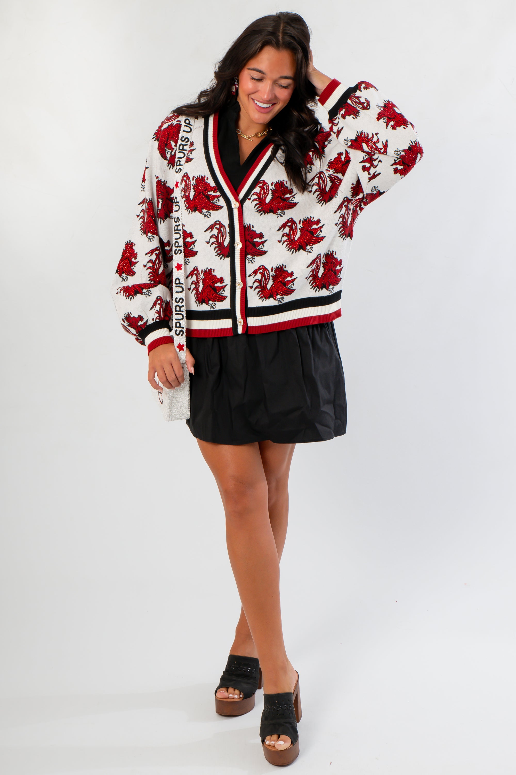 Front view of Queen of Sparkles USC Gamecocks Mascot Rhinestone Cardigan with bold red mascots and striped trim, perfect for spirited game day fashion.