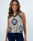 Sleeveless tops for fall with buttons on back, patterned tops for fall, mosaic pattern clothes, mosaic patterned tops