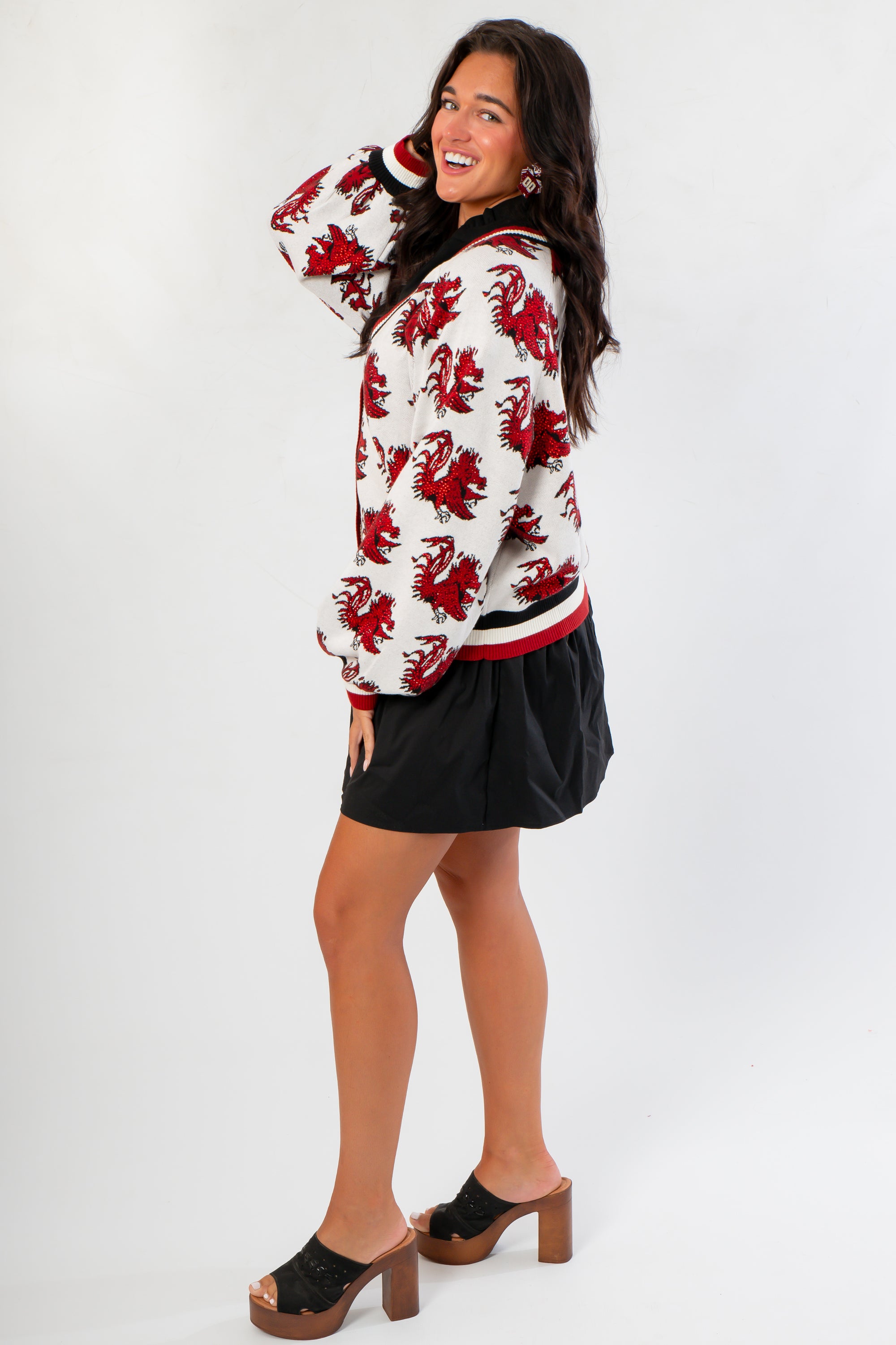 Side view of Queen of Sparkles USC Gamecocks Mascot Rhinestone Cardigan showing detailed mascot prints and relaxed fit for stylish comfort.