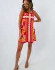 orange and pink floral mini dress