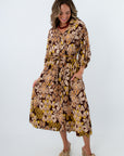 Functional button front side pocket midi dress for fall, dress with buttons on the front, dress with tie around the waist, brown dresses for fall