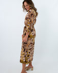 Chartreuse and orange patterned fall midi dress, long brown dress, brown patterned midi dress, fall workwear