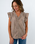 Cheetah suede ruffle top for fall workwear, Leopard suede ruffle top for fall workwear