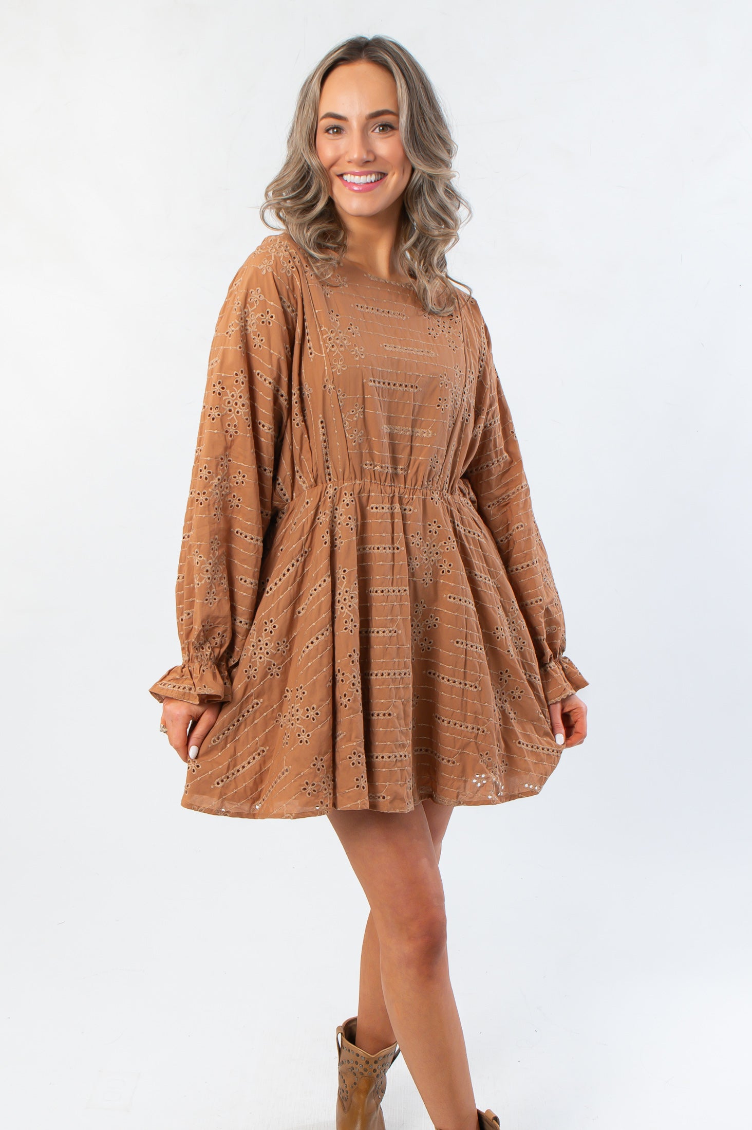 Charlotte Brown Embroidered Mini Dress