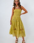 Rico Chartreuse Eyelet Strapless Midi Dress