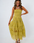 Rico Chartreuse Eyelet Strapless Midi Dress