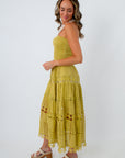 Rico Chartreuse Eyelet Strapless Midi Dress