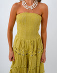 Rico Chartreuse Eyelet Strapless Midi Dress