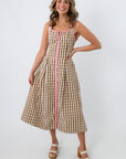 THML Pink & Chocolate Brown Gingham Midi Dress with side pockets, sleeveless, pink trim, full-length, casual summer style