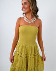 Chartreuse Eyelet Strapless Midi Dress
