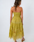 Rico Chartreuse Eyelet Strapless Midi Dress