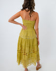 Rico Chartreuse Eyelet Strapless Midi Dress