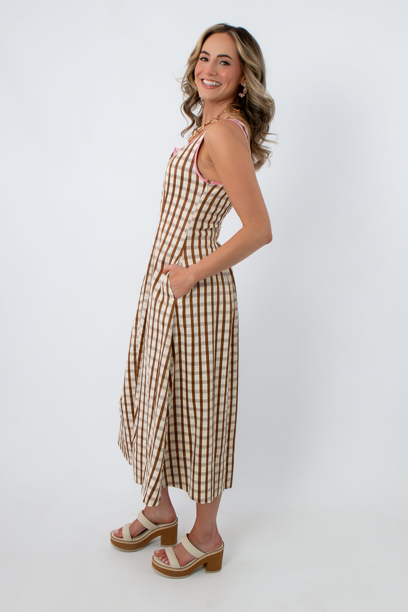 THML Pink & Chocolate Brown Gingham Midi Dress