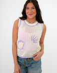 Front view of Gia Crochet Shell Knit Tank featuring open-knit design and colorful shell accents, perfect for coastal summer outfits.
