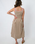 Back view of THML Pink & Chocolate Brown Gingham Midi Dress, sleeveless, with side pockets, full-length, stylish summer dress