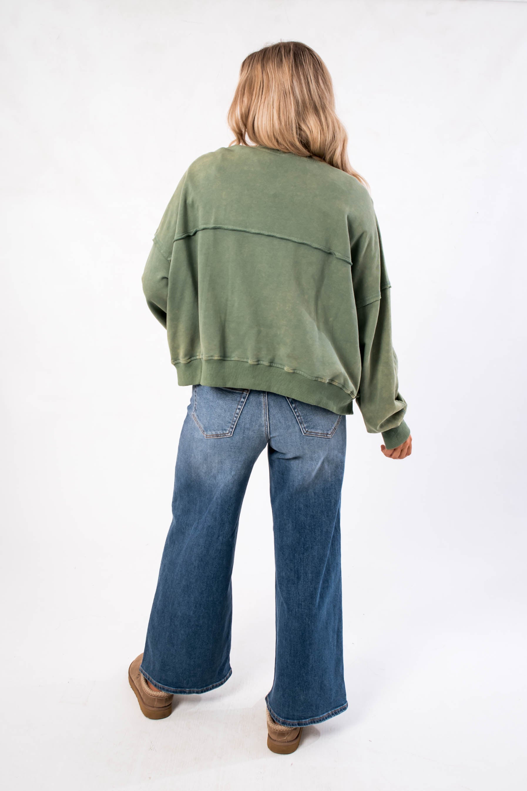 Back view of the Weekend Moves Frosted Sage Terry Lounge Cardigan showing relaxed fit and soft terry fabric, ideal for layering in fall.