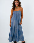 Plaid midi dress with adjustable spaghetti straps and pockets, blue plaid dress, long plaid dress, long flannel dress