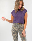 Tiffany Sleeveless Purple Ribbed Knit Top styled with leopard print jeans, perfect lightweight sweater for fall layering.