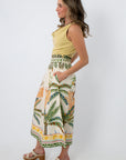 Rio Tropical Print Midi Skirt with Palm Pattern and Vacation Style