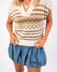 Steve Madden Multi Paulie Sweater Vest in cream and tan Fair Isle knit, styled with a blue bubble skirt for trendy women’s layering.