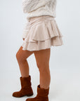 Neutral fall mini skirt with ruched sides, ruffled mini skirt, cream mini skirt for fall