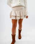 Cream mini skirt with hidden side zipper, neutral mini skirt, ruffled mini skirt