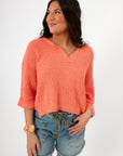 Papaya Short Sleeve Crop Sweater | Lightweight Cropped Knit in coral hue, paired with drawstring denim shorts for a relaxed summer outfit.