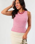 Polly Pink Knit Top - Sleeveless Sweater in soft ribbed texture, styled for fall layering or standalone wear with casual or dressy outfits.