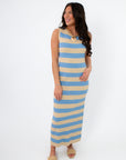 Sand & Sky Stripe Knit Maxi Dress in taupe and blue stripes, sleeveless with a ribbed knit texture, ideal for spring casual wear.