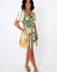 Colorful tropical palm print puff sleeve mini dress for vacation