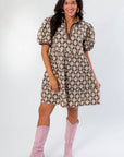Brianna Chocolate Floral Puff Sleeve Mini Dress with vintage-inspired floral print and voluminous sleeves, styled for fall with pink boots.