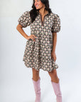 Perfect fall dress featuring the Brianna Chocolate Floral Puff Sleeve Mini Dress with a flowy silhouette and feminine puff sleeves.