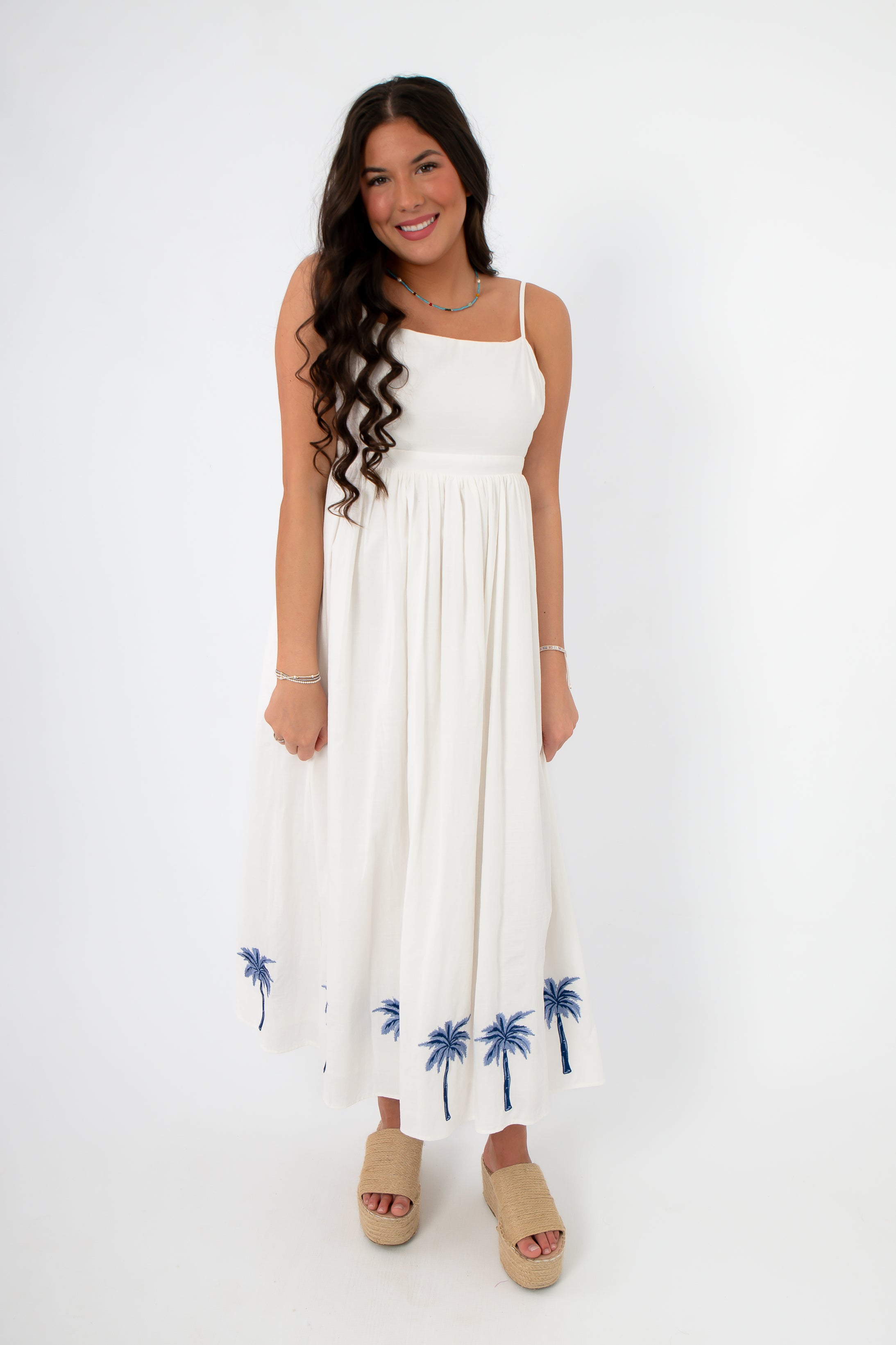 MINKPINK White & Blue Isadora Embroidered Midi Dress