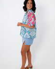THML Light Blue Floral Patchwork Puff Sleeve Blouse, back view