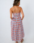 Stardust Blue and Brick Red Strapless Midi Dress