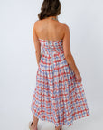 Stardust Blue and Brick Red Strapless Midi Dress