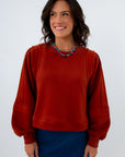Hip length reddish-brown sweatshirt for fall, mahogany colored sweatshirt, crewneck sweatshirt for fall
